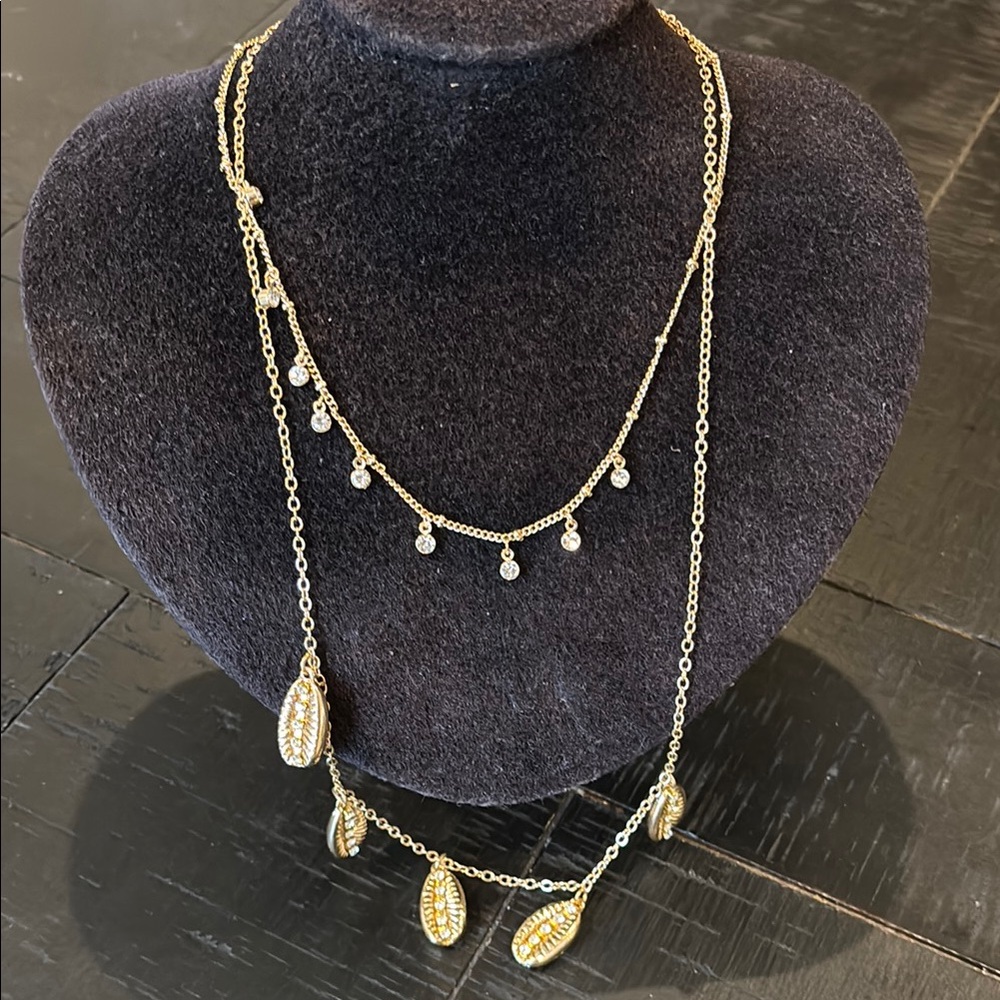 Multilayer Shell Gold Tone Rhinestone Dangle Pend… - image 1